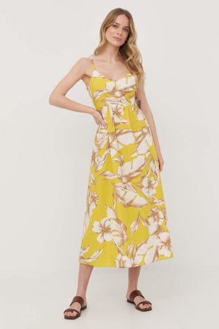 Pamučna haljina Twinset boja: žuta, midi, širi se prema dolje