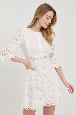 Bavlnené šaty Twinset biela farba, mini, áčkový strih