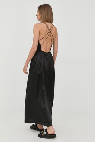 Svilena haljina The Kooples boja: crna, maxi, širi se prema dolje