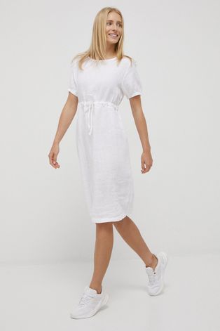 Ленена рокля Deha в бяло къс модел със стандартна кройка
