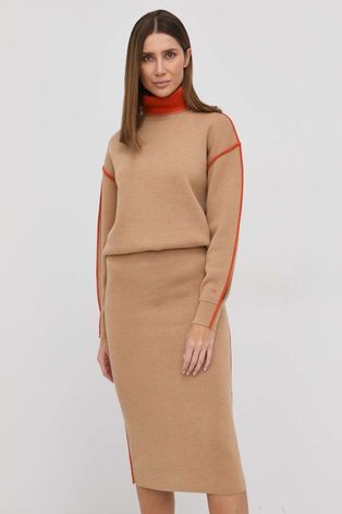 Vlnené šaty Victoria Beckham hnedá farba, maxi, rovné