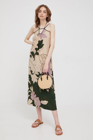 Šaty Sisley béžová farba, midi, rovný strih