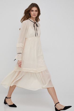 Šaty Sisley béžová farba, midi, áčkový strih