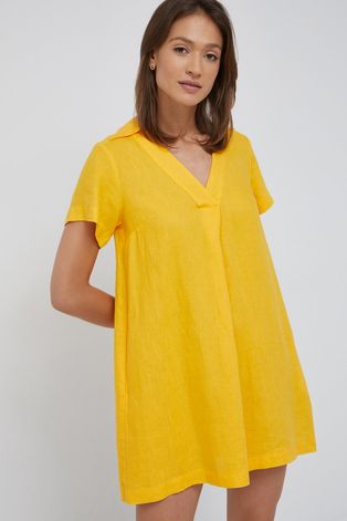 Sisley sukienka lniana kolor żółty mini prosta