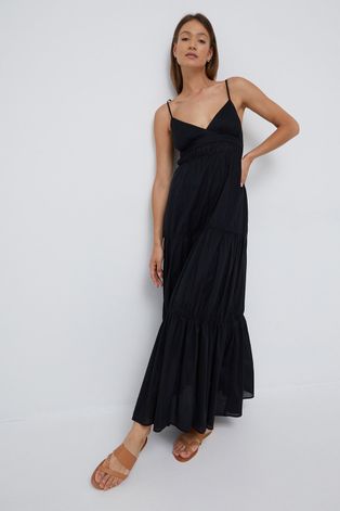 Памучна рокля Sisley в черно дълъг модел разкроен модел
