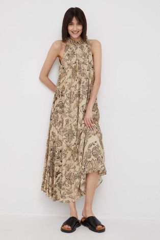 Sisley sukienka kolor beżowy maxi rozkloszowana