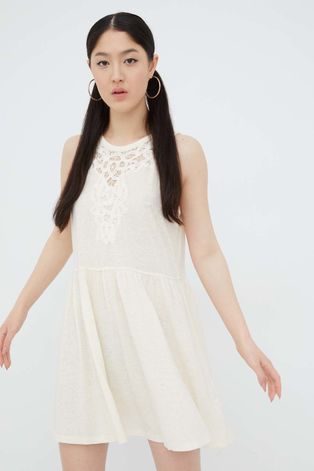 Superdry sukienka z domieszką lnu kolor beżowy mini rozkloszowana