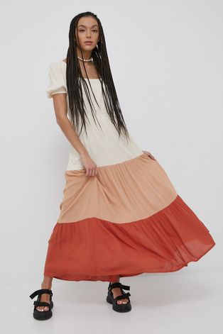 Roxy sukienka kolor beżowy midi rozkloszowana