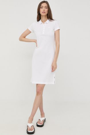 Bavlnené šaty BOSS biela farba, mini, rovný strih