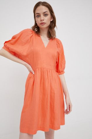 Ľanové šaty United Colors of Benetton oranžová farba, mini, áčkový strih