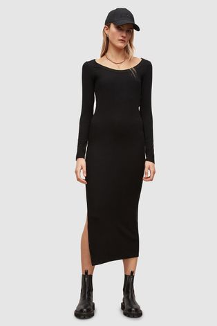 AllSaints sukienka kolor czarny midi dopasowana