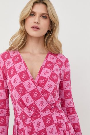 Haljina Guess boja: ružičasta, mini, širi se prema dolje