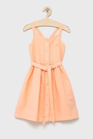 Dětské lněné šaty Guess oranžová barva, midi, áčková