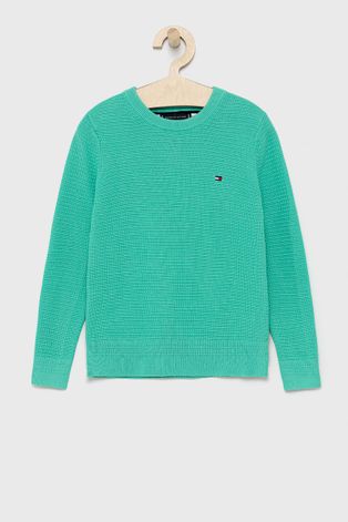 Dětský bavlněný svetr Tommy Hilfiger zelená barva, lehký