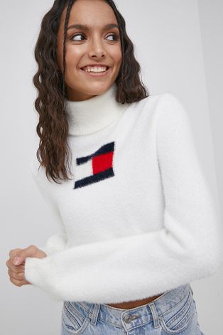 Tommy Jeans sweter z domieszką wełny damski kolor biały z golfem