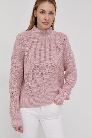 Hugo Sweter bawełniany damski kolor różowy ciepły z golfem