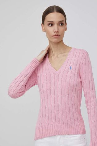 Bavlnený sveter Polo Ralph Lauren dámsky, ružová farba,