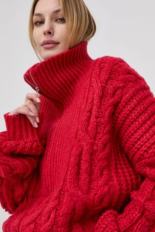 Пуловер For Love & Lemons дамски в червено от топла материя с поло