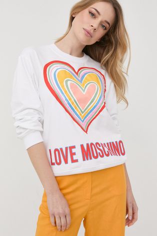Mikina Love Moschino dámská, bílá barva, s potiskem
