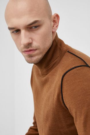 Boss pulover de lana barbati, culoarea maro, light, cu turtleneck