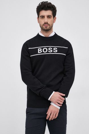 Вълнен пуловер Boss мъжки в черно от лека материя