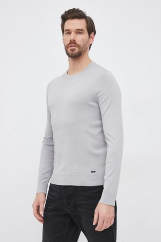 Пуловер Hugo мъжки в сиво от лека материя