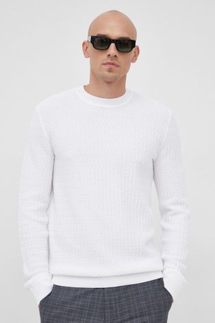 Pamučni pulover HUGO za muškarce, boja: bijela,