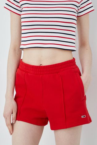 Pamučne kratke hlače Tommy Jeans za žene, boja: crvena, glatki materijal, visoki struk
