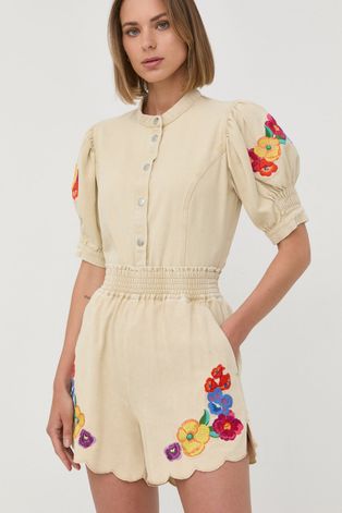 Bavlněné šortky Twinset dámské, béžová barva, s aplikací, high waist