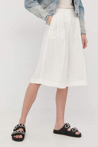 Twinset pantaloni scurți din amestec de in femei, culoarea alb, neted, high waist