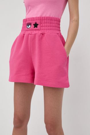Chiara Ferragni pantaloni scurti din bumbac femei, culoarea roz, neted, high waist