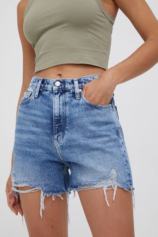 Дънкови къси панталони Calvin Klein Jeans дамско с изчистен дизайн с висока талия