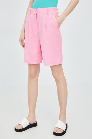 Lanene kratke hlače Only za žene, boja: ružičasta, glatki materijal, visoki struk