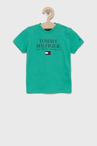 Dětské bavlněné tričko Tommy Hilfiger tyrkysová barva, s potiskem