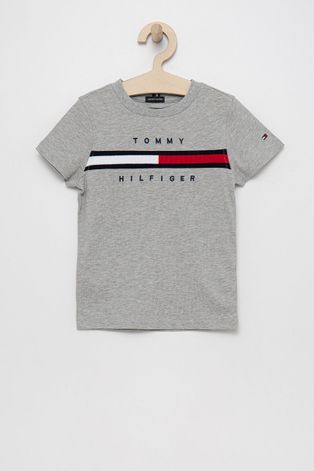 Dětské bavlněné tričko Tommy Hilfiger šedá barva, s aplikací