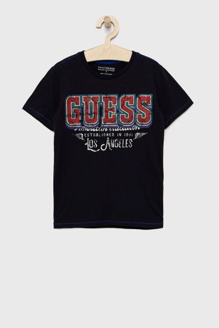 Дитяча бавовняна футболка Guess колір синій з принтом