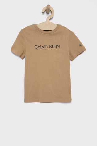 Детская хлопковая футболка Calvin Klein Jeans цвет бежевый с принтом