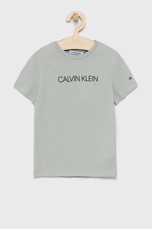 Детская хлопковая футболка Calvin Klein Jeans цвет серый с принтом