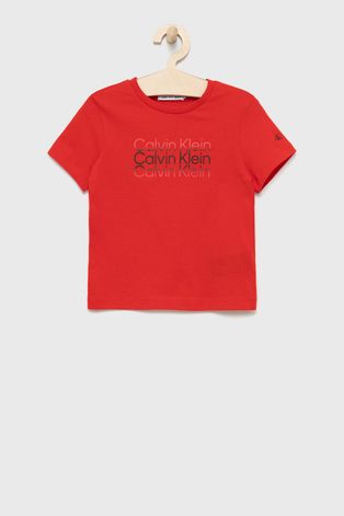 Детская хлопковая футболка Calvin Klein Jeans цвет красный с принтом