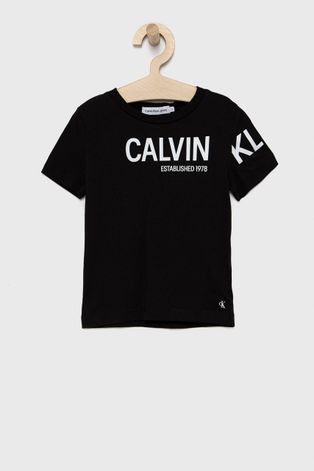 Детская хлопковая футболка Calvin Klein Jeans цвет чёрный с принтом