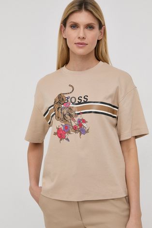 Bavlněné tričko Boss béžová barva