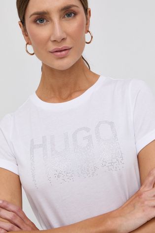 Bavlnené tričko Hugo biela farba