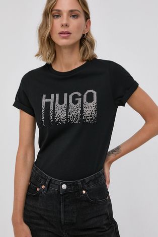 Bavlněné tričko Hugo černá barva