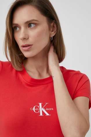 Pamučna majica Calvin Klein Jeans boja crvena