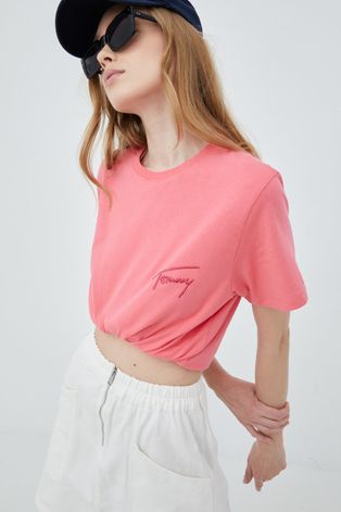 Βαμβακερό μπλουζάκι Tommy Jeans χρώμα: ροζ