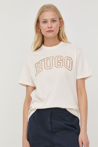 HUGO t-shirt bawełniany kolor beżowy