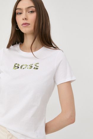 Bavlnené tričko Boss biela farba,