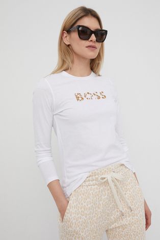 Памучна блуза с дълги ръкави Boss в бяло