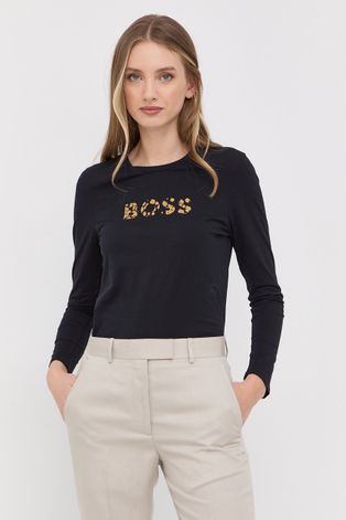 Pamučna majica dugih rukava Boss boja: crna