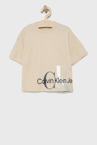 Детская хлопковая футболка Calvin Klein Jeans цвет бежевый